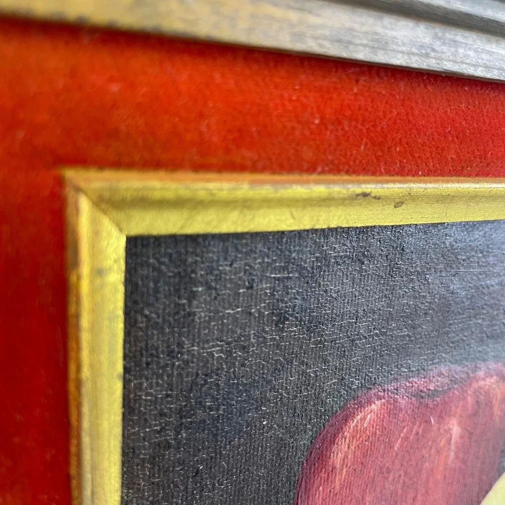 Antique French Still Life Oil Painting Red Apple Gold Frame Red Velvet Mat - Picture 7 of 16